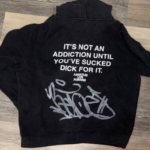 Black Graphic Zip Hoodie with Bold Back Slogan